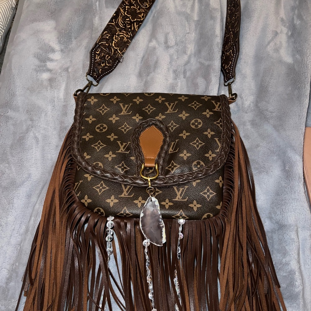 Faux LV cross body fringe purse